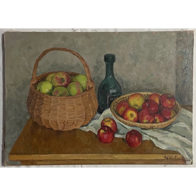 Натюрморт с яблоками в корзине